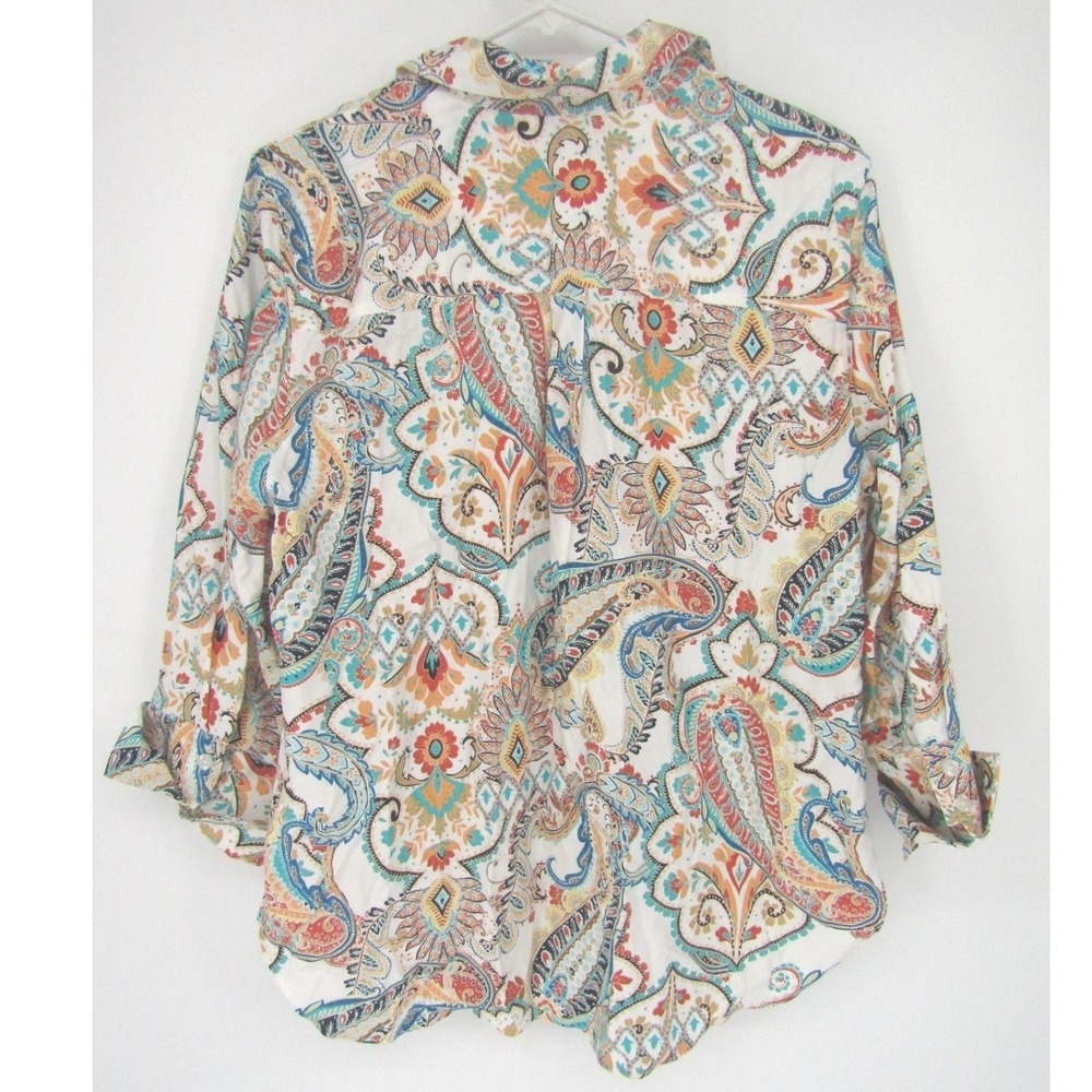Chico's Button Down Shirt Womens 2 White Paisley No-Iron Chic Stretch Blouse - Picture 3 of 10